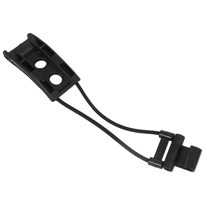 A black elastic strap with a central clip and two attached loops secures items together in a straightforward manner suitable for organizing or fastening objects in various contexts.