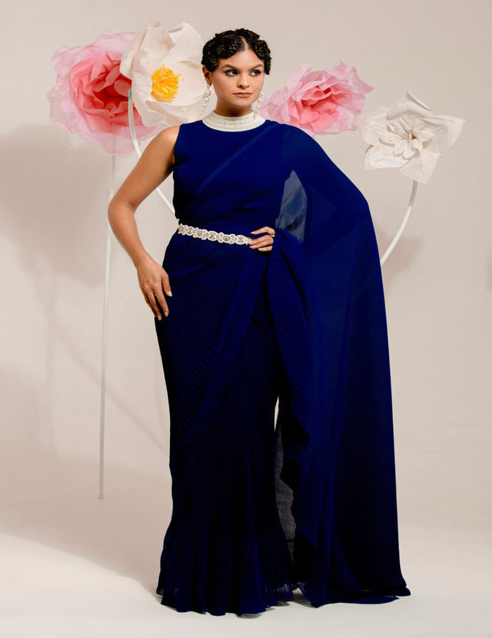 Blue Pre-Draped Saree