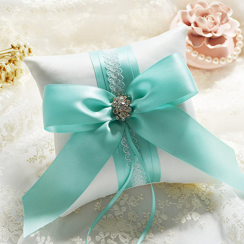 Blue Teal Bridal Ring Pillow Rhinestone and Ribbon Detail - Wedding Bridal Ring Bearer