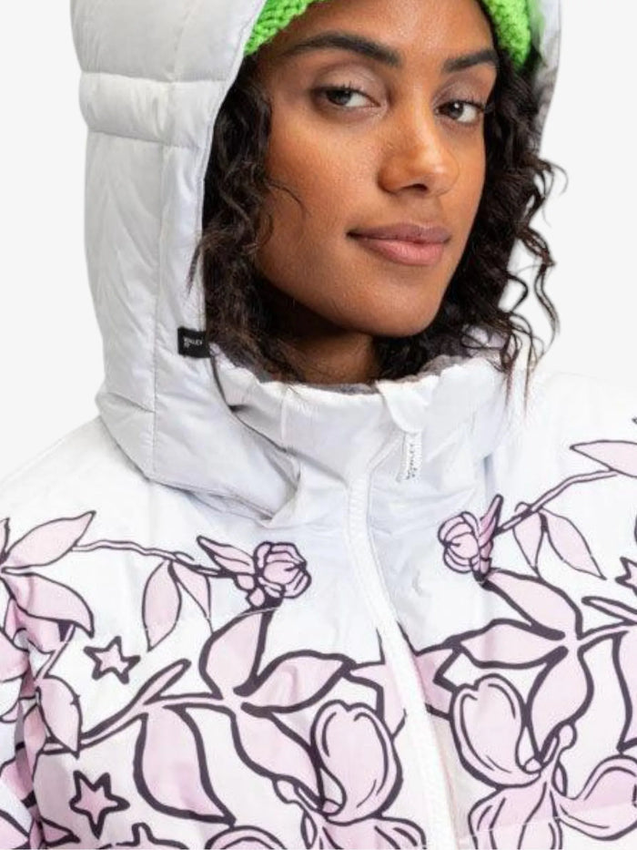 Campera Snow Roxy Rowley Puffer Blanco Rosa Print