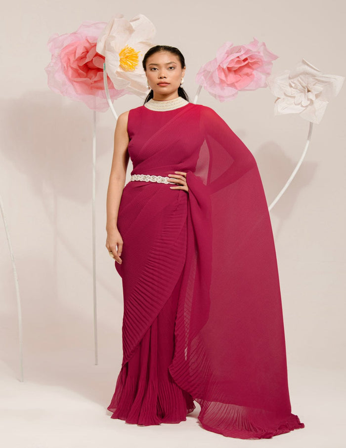 Cherry Red Pre-Draped Saree