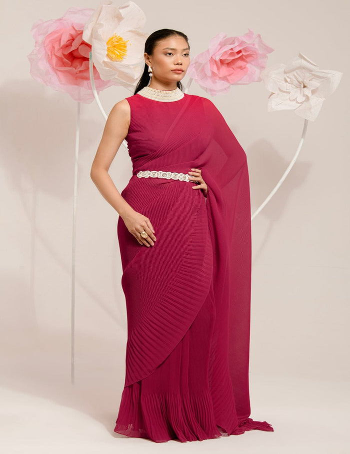 Cherry Red Pre-Draped Saree