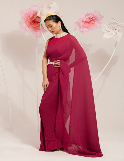 Cherry Red Pre-Draped Saree