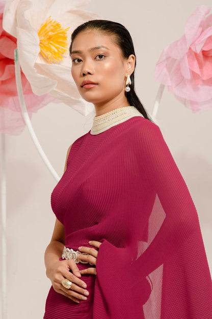Cherry Red Pre-Draped Saree