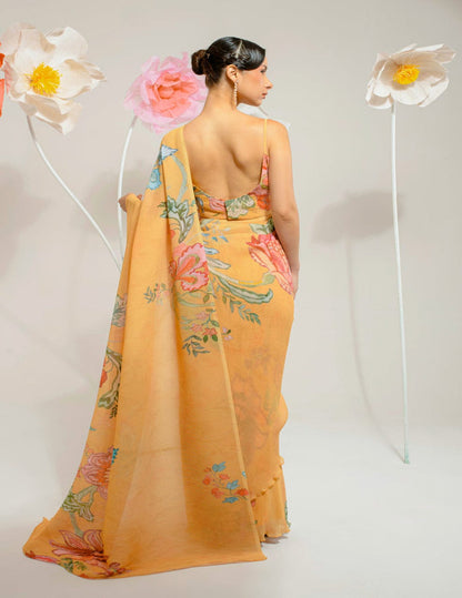 Pre-draped chrome yellow saree for