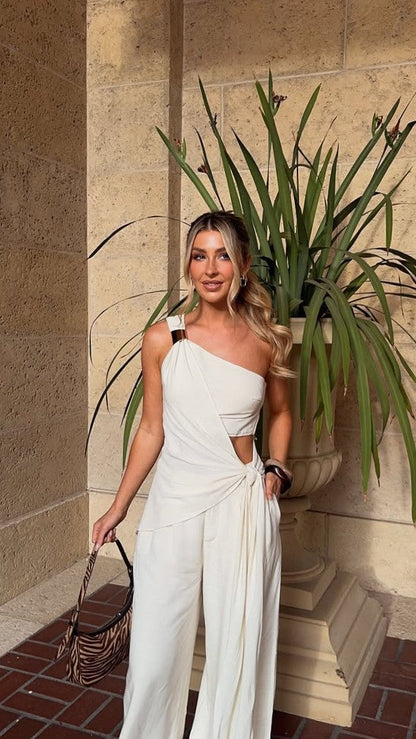 Leela One Shoulder Top and Pants Set - Beige