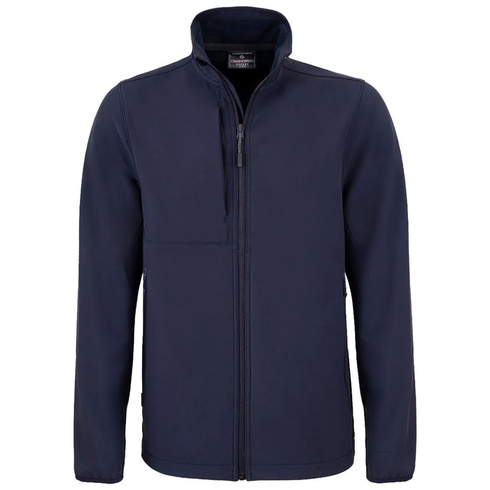 A navy blue jacket with a high collar features a front zipper and two side pockets designed for warmth and comfort in casual or outdoor settings.