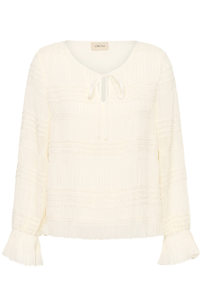 Cream CRSissel textured blouse in Whisper White with tie neckline, layered frill detailing and long ruffle sleeves.