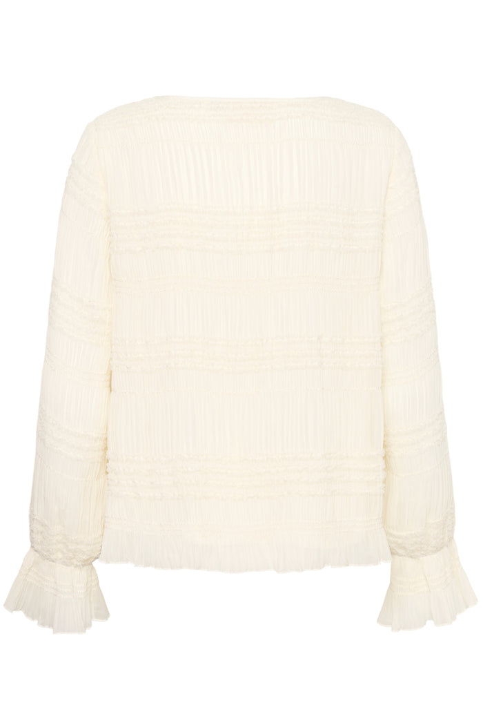 Cream CRSissel textured blouse in Whisper White with tie neckline, layered frill detailing and long ruffle sleeves.
