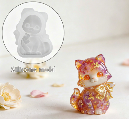 Cute Cat Figurine with a Bow Resin Mold