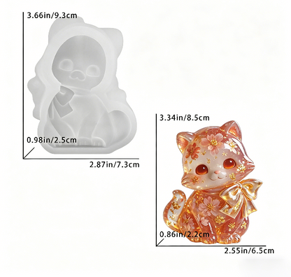 Cute Cat Figurine with a Bow Resin Mold