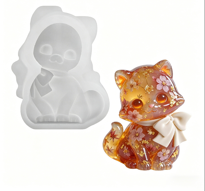 Cute Cat Figurine with a Bow Resin Mold