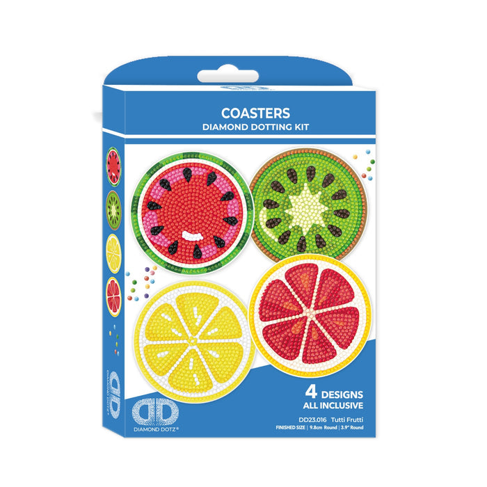 The Diamond Dotz Coasters kit includes four round fruit slice coasters—watermelon, kiwi, orange, and lemon. The blue box features images of the coasters and colorful beads for diamond dotting.