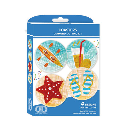 The Diamond Dotz Coasters kit comes in a blue and white box and includes four coaster designs: an airplane, a drink with a straw, a red starfish, and blue flip-flops.