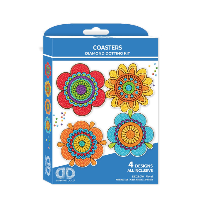 A Diamond Dotz Coasters kit, featuring four vibrant floral designs on the box front, includes all materials needed to create round coasters with detailed diamond dot patterns.