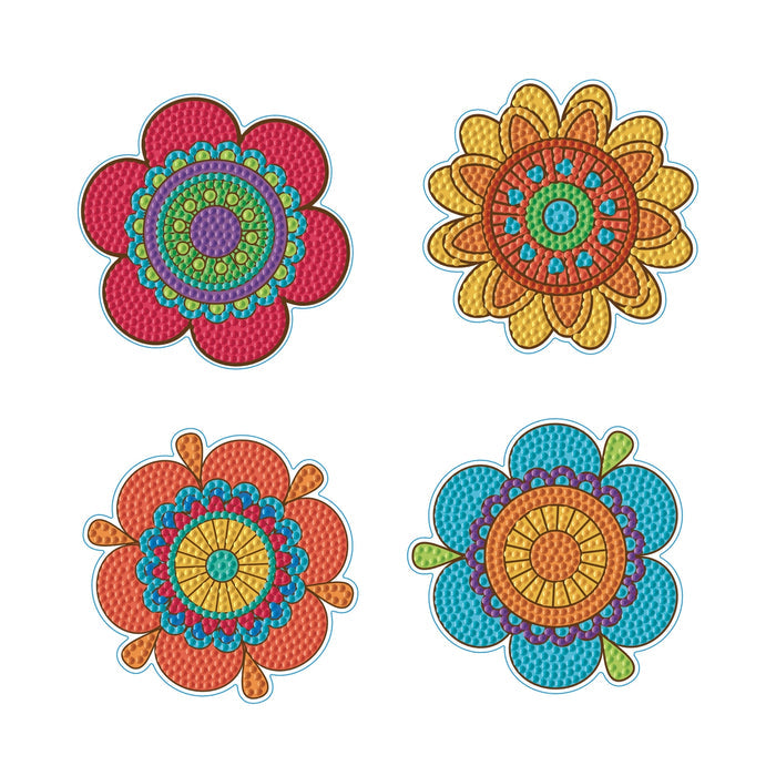 Diamond Dotz Coasters feature four vibrant mandala-style flower designs with intricate red, orange, yellow, blue, and green patterns on a white background.