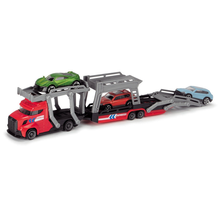 The Dickie Toys Car Carrier features a red truck with a gray trailer that holds three cars: a green one on the top level, a red one below, and a blue car on the rear ramp.