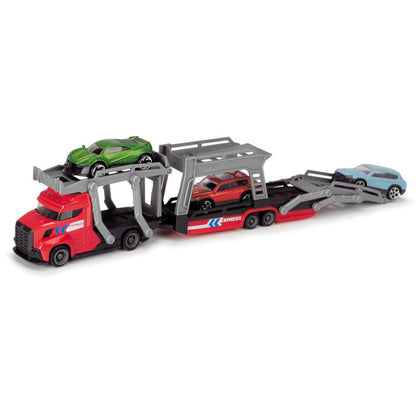 The Dickie Toys Car Carrier features a red truck with a gray trailer that holds three cars: a green one on the top level, a red one below, and a blue car on the rear ramp.