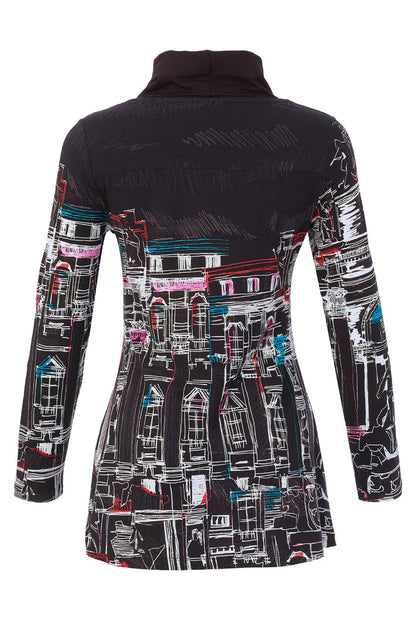 Dotique Dolcezza 76642 assorted cityscape print knit jumper with a roll neckline and asymmetric draped hem.