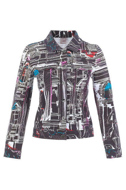 Dotique Dolcezza 76646 assorted cityscape print knit jacket with a classic collar, button fastening and chest pockets.