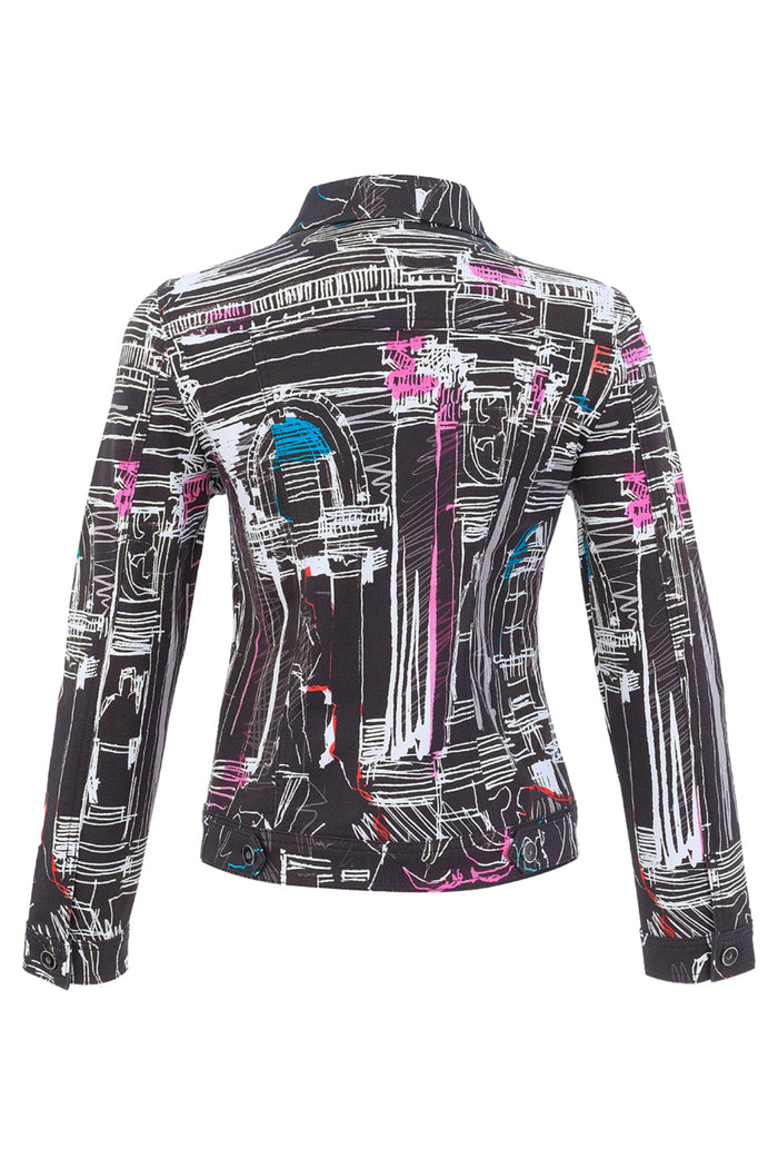 Dotique Dolcezza 76646 assorted cityscape print knit jacket with a classic collar, button fastening and chest pockets.