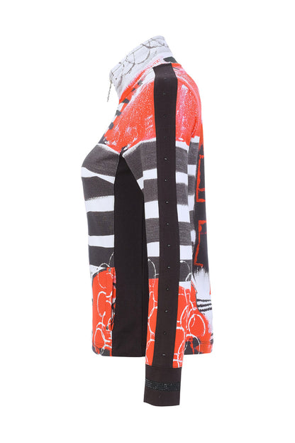Dotique Dolcezza 76696 assorted knit jacket with a stand collar, full zip fastening and bold red, black and white abstract print.