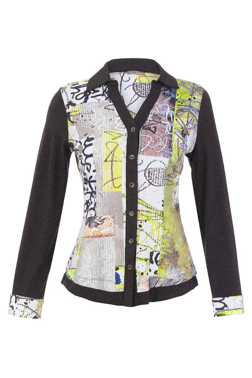 Dolcezza 76722 assorted knit blouse featuring an abstract collage print, button-through front, collar and contrasting charcoal sleeves.