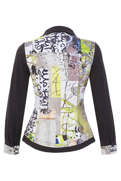 Dolcezza 76722 assorted knit blouse featuring an abstract collage print, button-through front, collar and contrasting charcoal sleeves.