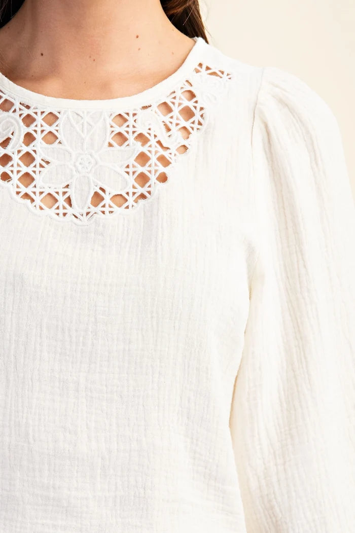 Embroidered Cutout Bell Sleeve Crop top with Back Tie