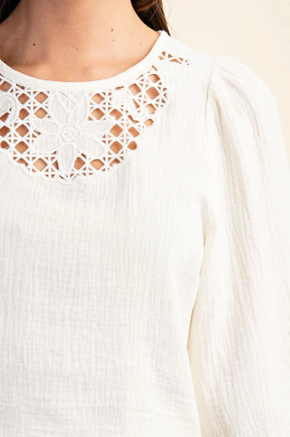 Embroidered Cutout Bell Sleeve Crop top with Back Tie