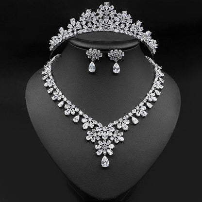 Fashion Floral Motif Tiara-Crown Necklace and Earring Set for Bride or Mis Quince