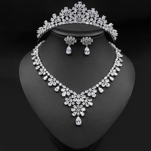 Fashion Floral Motif Tiara-Crown Necklace and Earring Set for Bride or Mis Quince