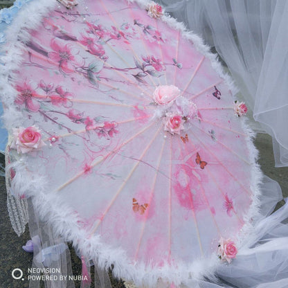 Feathers Flower and Tassel Decorative Bridal Shower Parasol-Umbrella