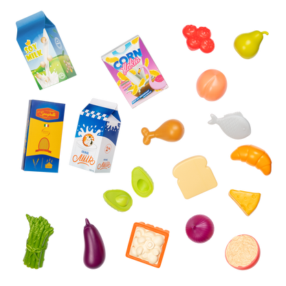Toy shopping basket with play food.