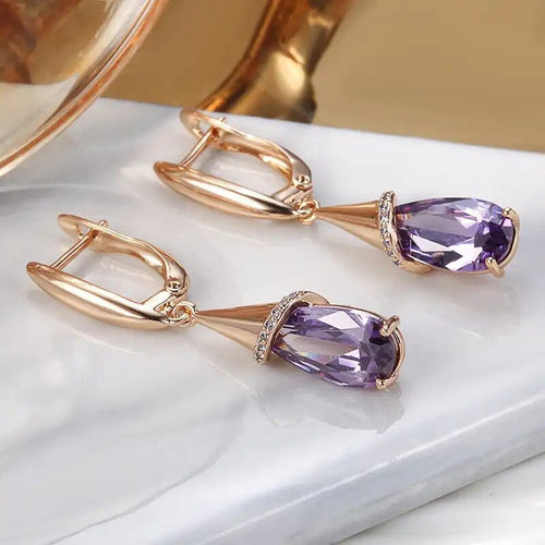 Gold Tone Drop Amethyst Imitation Crystal Earrings