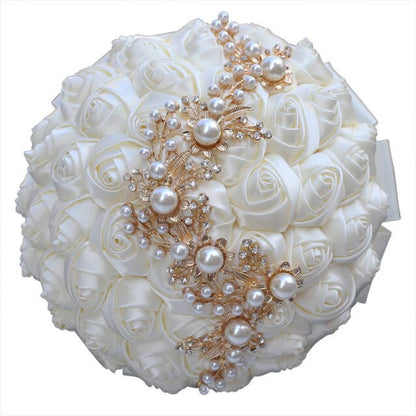 Handmade Bridal Satin Ribbon Rose Flower Bouquet-Pearl with Pearl Gold Jewelry Garland