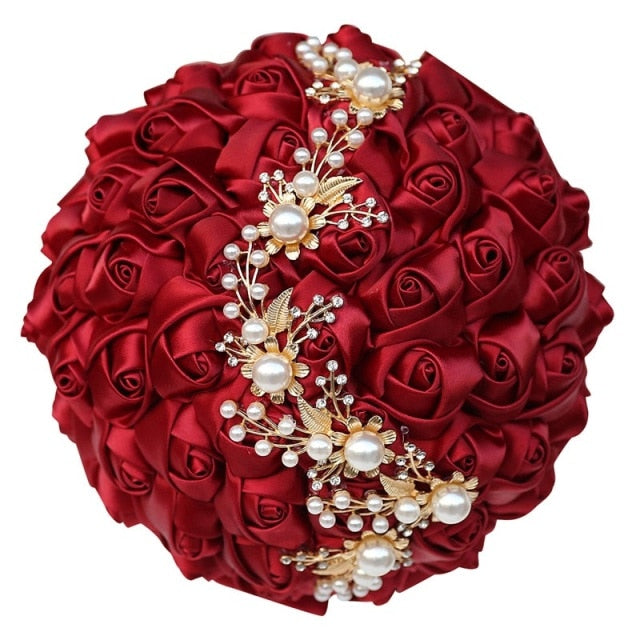 Handmade Bridal Satin Ribbon Rose Flower Bouquet-Pearl with Pearl Gold Jewelry Garland