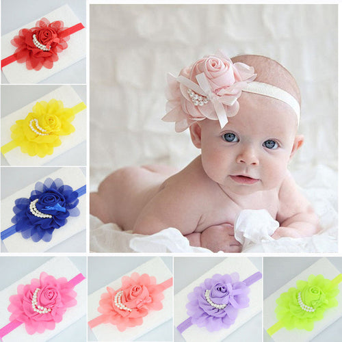 Handmade Chiffon Flower Baby Pearls Rose Floral Headband with Bow