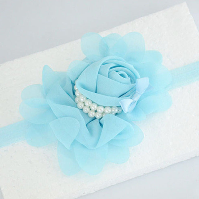 Handmade Chiffon Flower Baby Pearls Rose Floral Headband with Bow