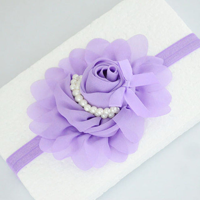 Handmade Chiffon Flower Baby Pearls Rose Floral Headband with Bow