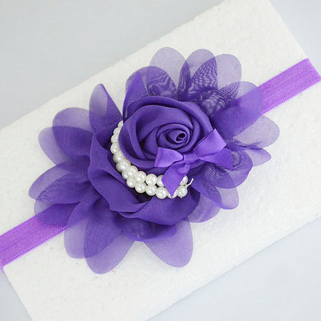 Handmade Chiffon Flower Baby Pearls Rose Floral Headband with Bow