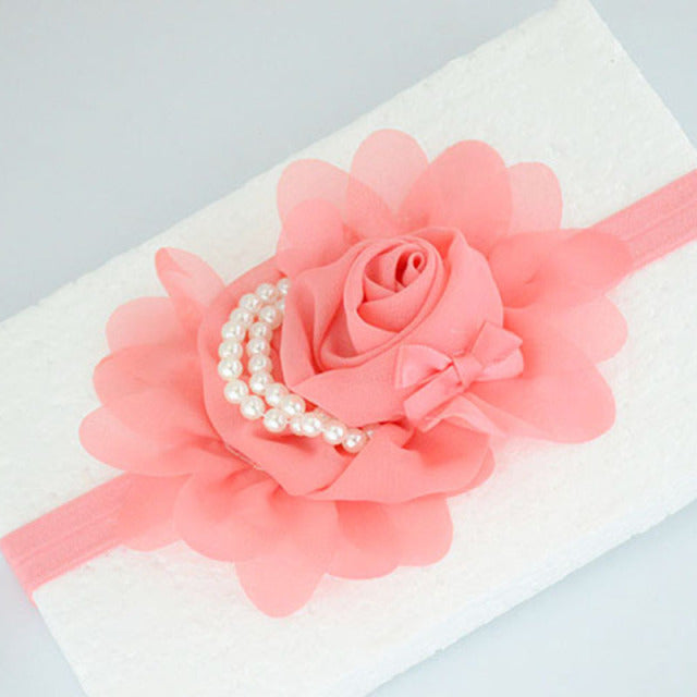 Handmade Chiffon Flower Baby Pearls Rose Floral Headband with Bow