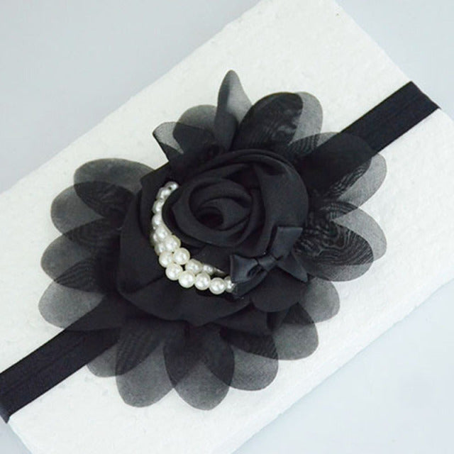 Handmade Chiffon Flower Baby Pearls Rose Floral Headband with Bow