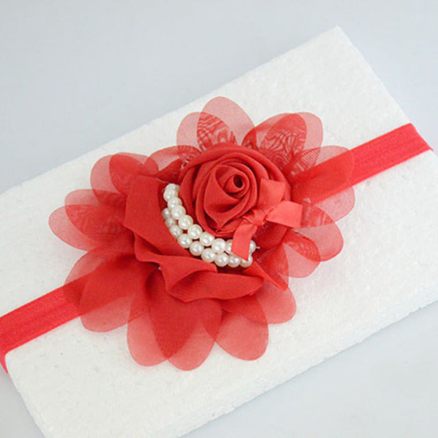 Handmade Chiffon Flower Baby Pearls Rose Floral Headband with Bow