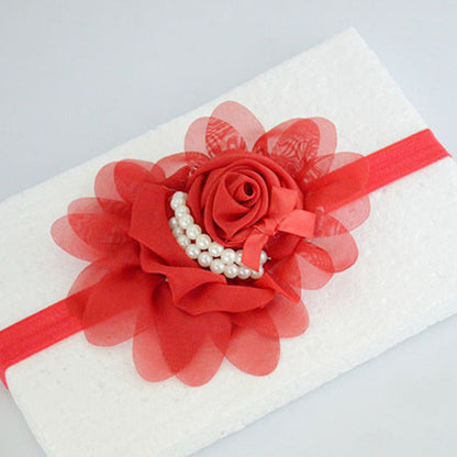 Handmade Chiffon Flower Baby Pearls Rose Floral Headband with Bow