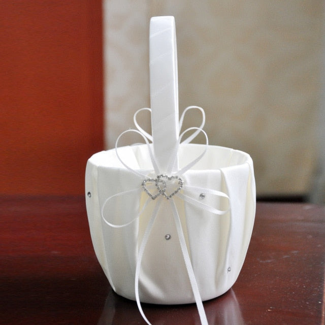 Heart Accent White or Ivory Bridal Flower Girl Basket-Wedding