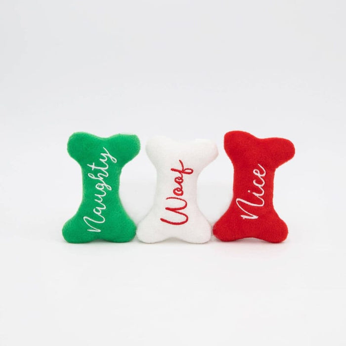 ZippyPaws dog toys Holiday Miniz Naughty & Nice Bones Plush Squeaky Christmas Dog Toy Set - 3 Pk
