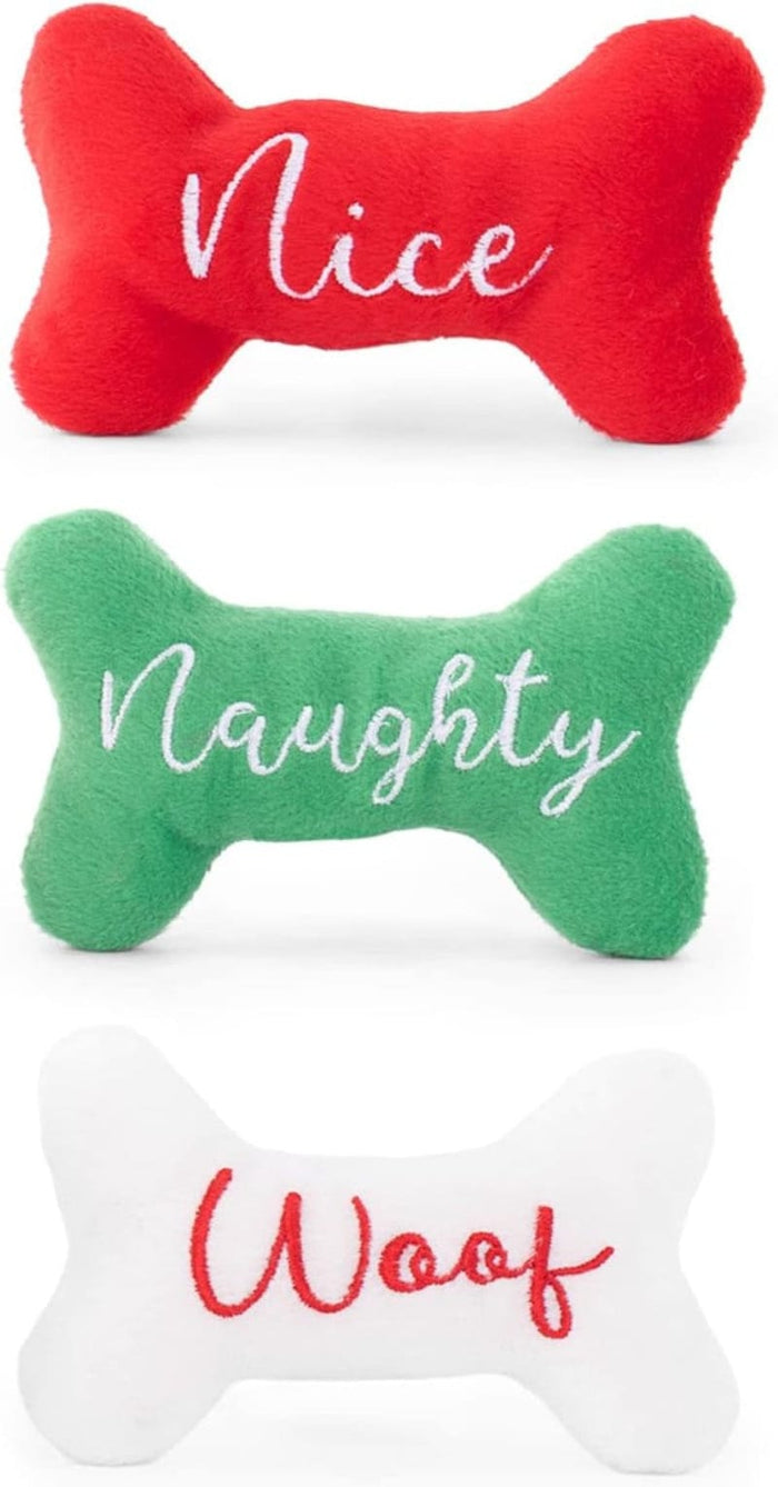 ZippyPaws dog toys Holiday Miniz Naughty & Nice Bones Plush Squeaky Christmas Dog Toy Set - 3 Pk