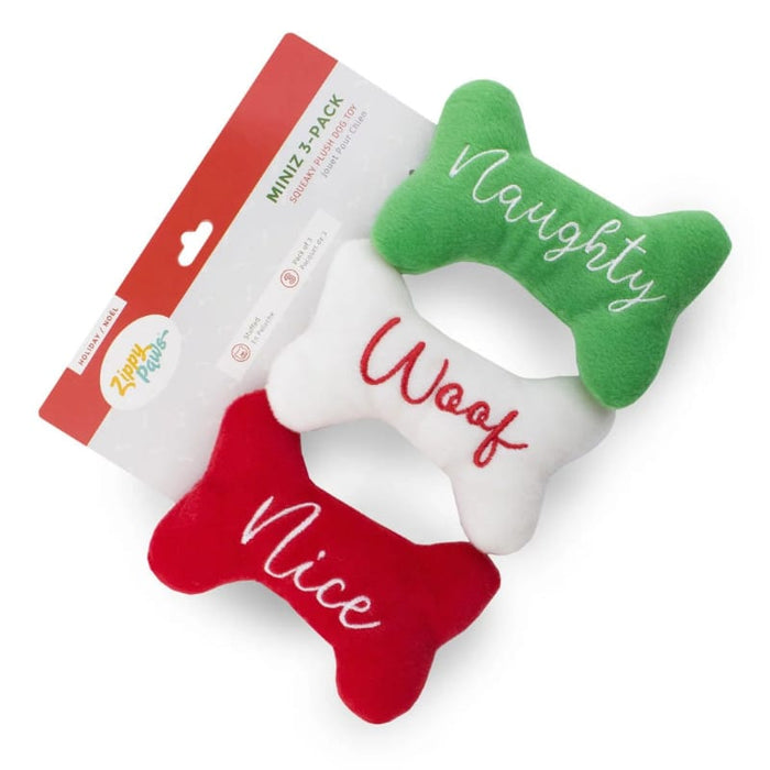 ZippyPaws dog toys Holiday Miniz Naughty & Nice Bones Plush Squeaky Christmas Dog Toy Set - 3 Pk