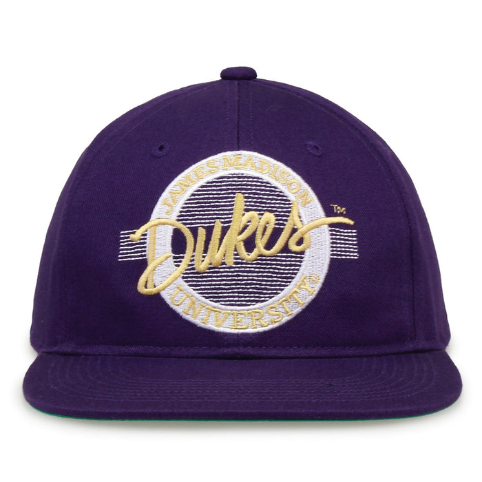 James Madison Dukes Retro Circle Snapback - Purple, front view